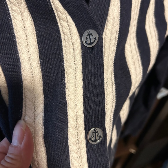 Brooks Brothers Navy & White Striped V-Neck Cardigan Anchor Buttons - Picture 3 of 5
